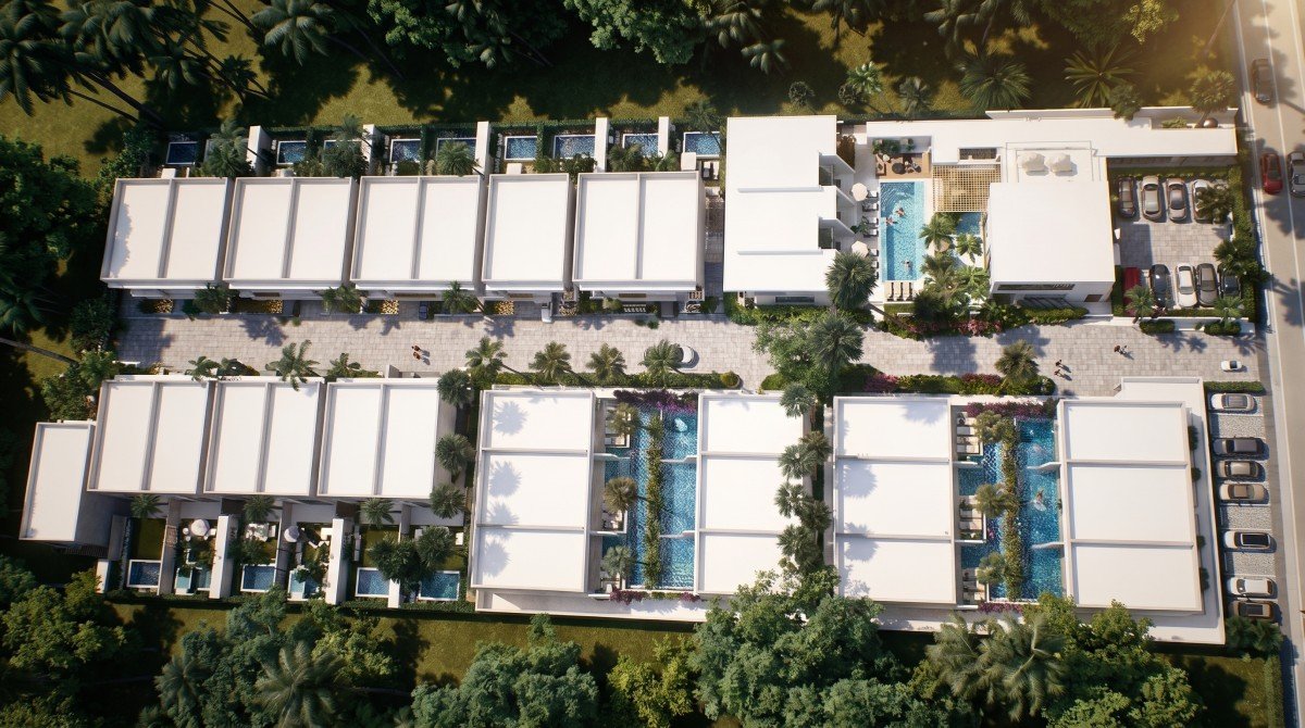 Vista aérea de las piscinas Swim-Up de Takuma Smart Suites