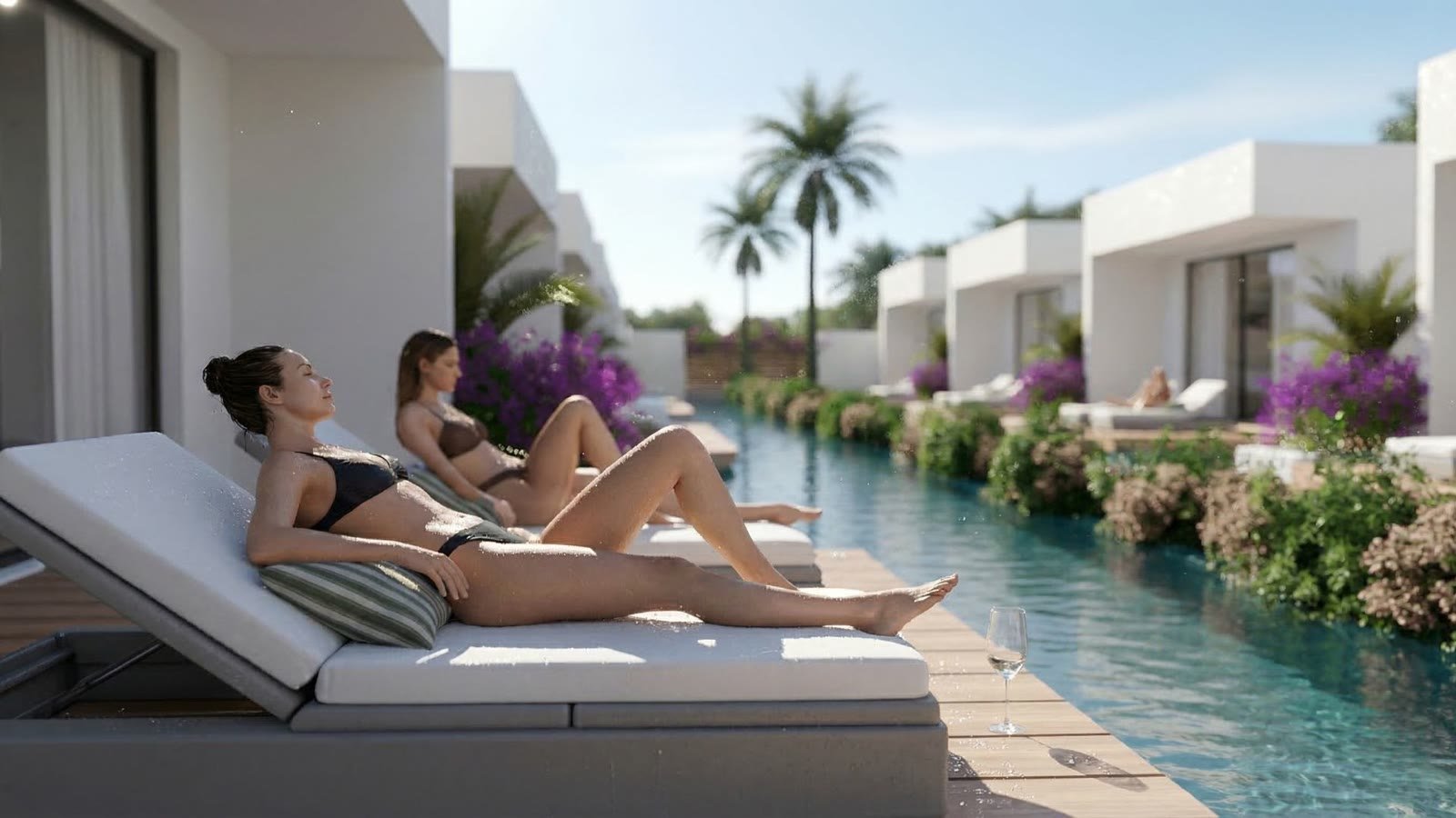 Huéspedes relajándose junto a la piscina de Takuma Smart Suites