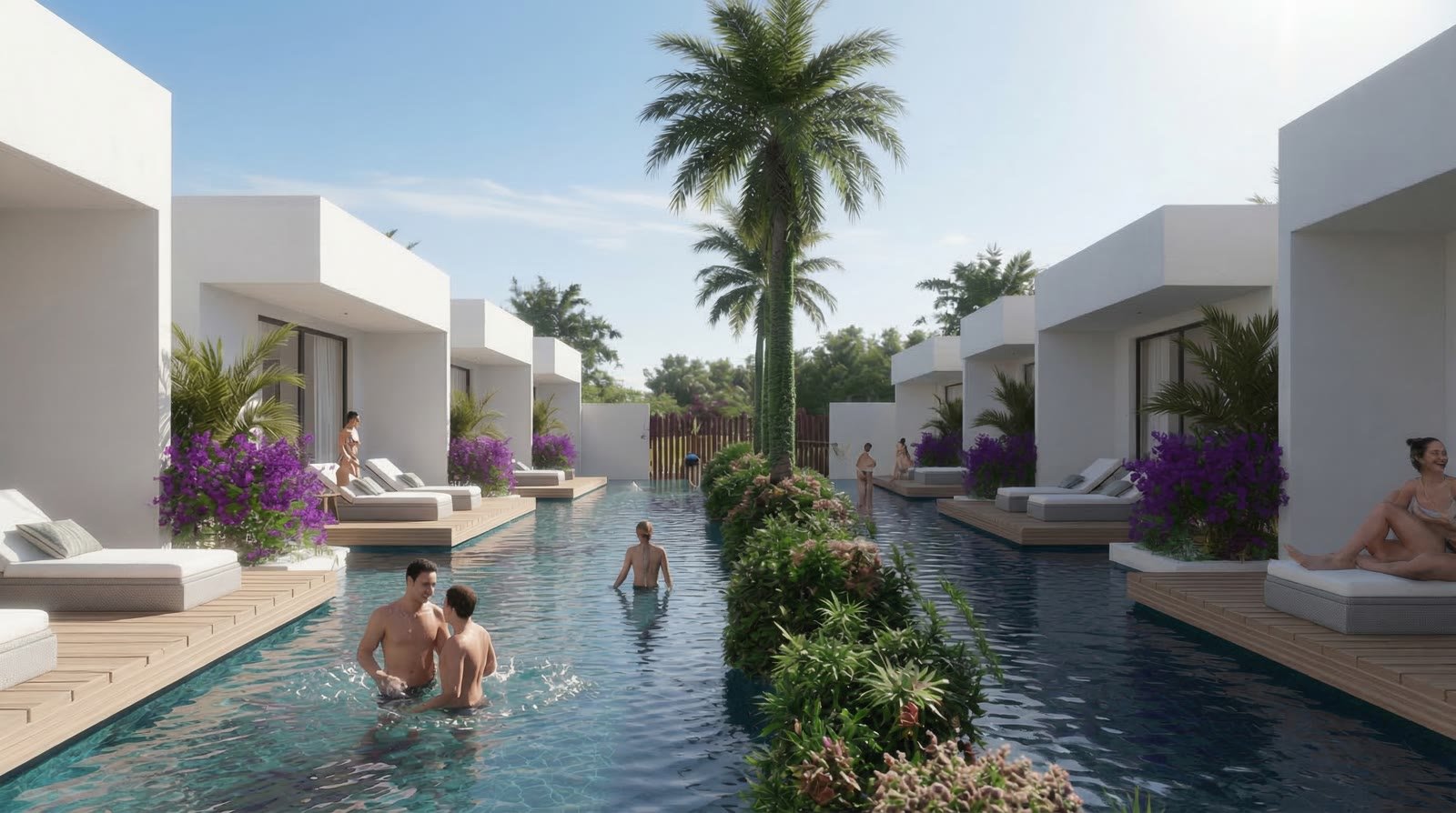 Huéspedes disfrutando de la piscina Swim-Up de Takuma Smart Suites
