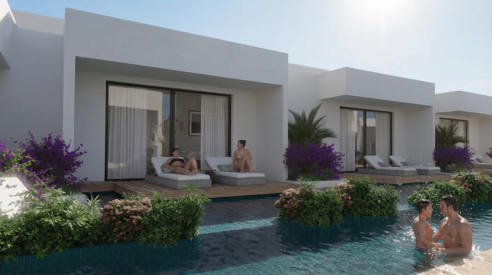 Ambiente social junto a la piscina Swim-Up de Takuma Smart Suites