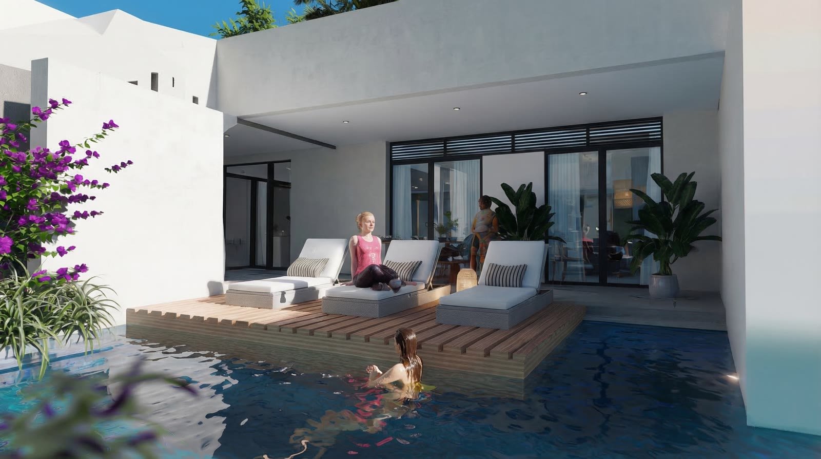 Terraza privada de Takuma Smart Suites frente a la piscina