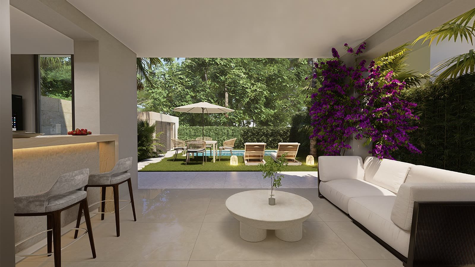 Terraza con barra de Takuma Luxury Villas junto al jardín